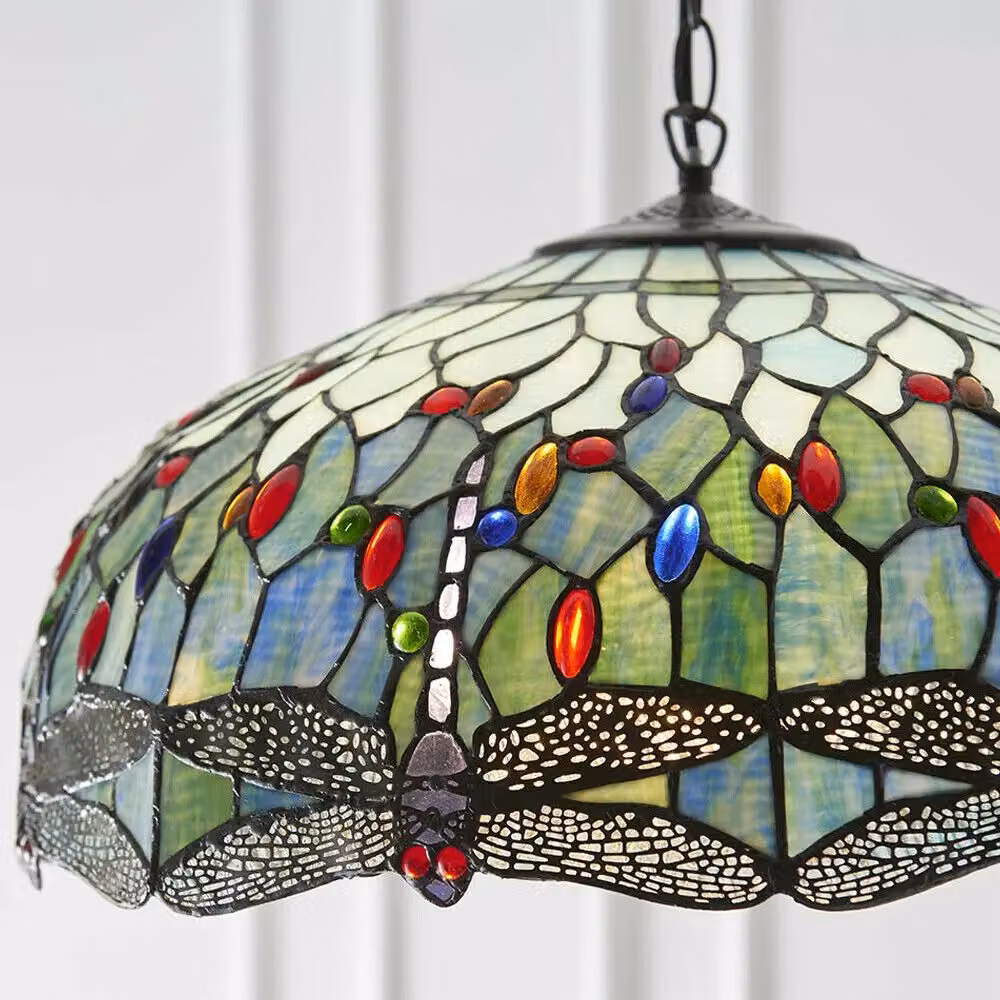 Loops Tiffany Glass Hanging Ceiling Pendant Light with Blue Dragonfly Design in Blue, Multicolour and Transparent Glass with Bronze Metal Finish – 2