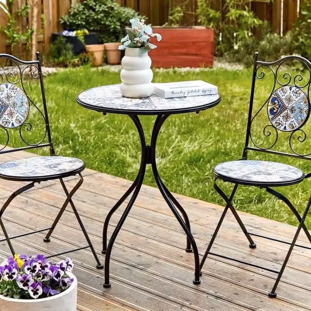 Wyld and Coco Garden Luxe 60cm Bistro Table in Black Powder Coated Iron with Multicolour Ceramic Mosaic