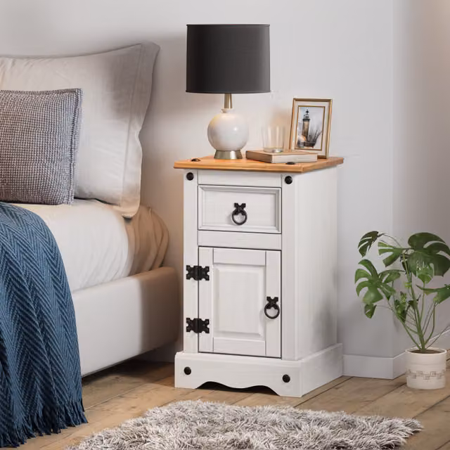Mercers Furniture Corona Narrow Pine Bedside Cabinet with 1 Door and 1 Drawer in Distressed White Wax, W/D/H: 33 x 35 x 58 cm
