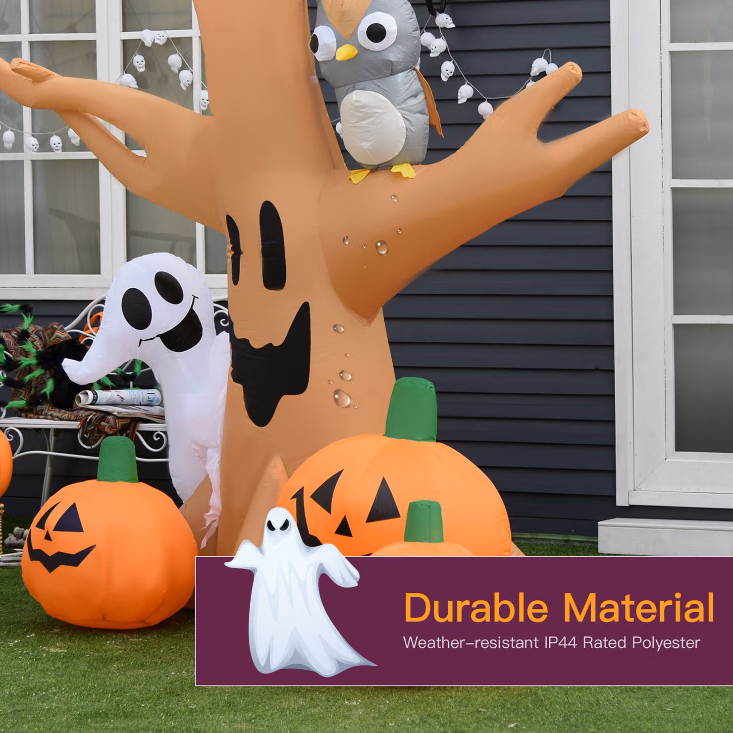 HOMCOM Inflatable Halloween Tree with Ghost, Pumpkins and Owl featuring 4 LED Lights in Brown – 5