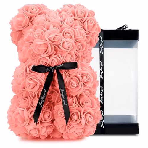 Tanness Artificial Rose Bear with Transparent Gift Box and Black Ribbon, Pink