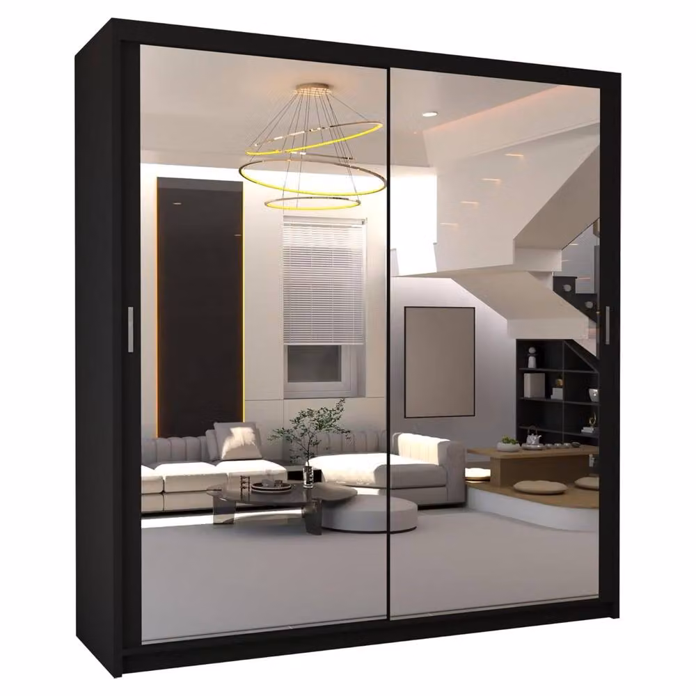 MN Furniture Modern Double Mirror Sliding Door Wardrobe in Matt Black, W: 203 cm, H: 217 cm – 2