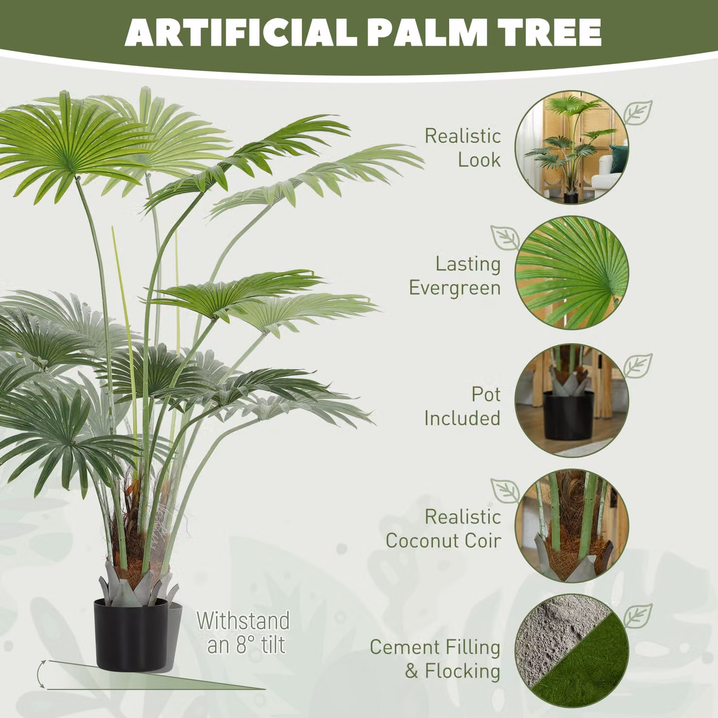 HOMCOM 145 cm Artificial Palm Tree in Green with Lifelike PEVA Leaves and Plastic Pot – 3