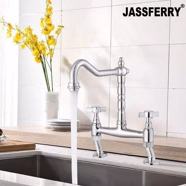JASSFERRY Classic Bridge Mixer Tap with Two Crosshead Handles in Silver Chrome – 1