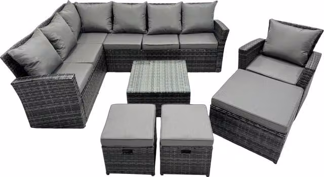 Fimous Rattan L-Shape Corner Sofa Set with 3 Stools and Matching Ottoman in Grey – 1