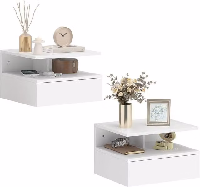 Havendro Modern Wall Mounted Nightstand Set of 2 in White Matt