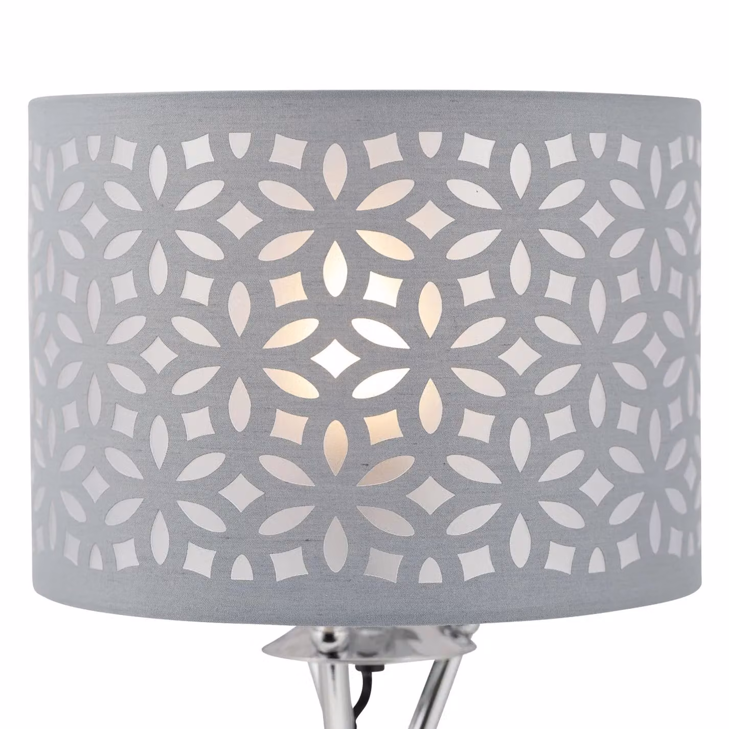 First Choice Lighting Set of 2 Chrome Tripod Table Lamps with Grey Fabric Cylinder Shades – 2