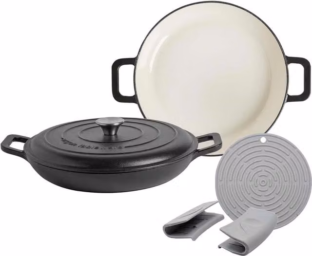 Argon Tableware Pack of 2 Shallow Cast Iron Casserole Dishes in Matt Black
