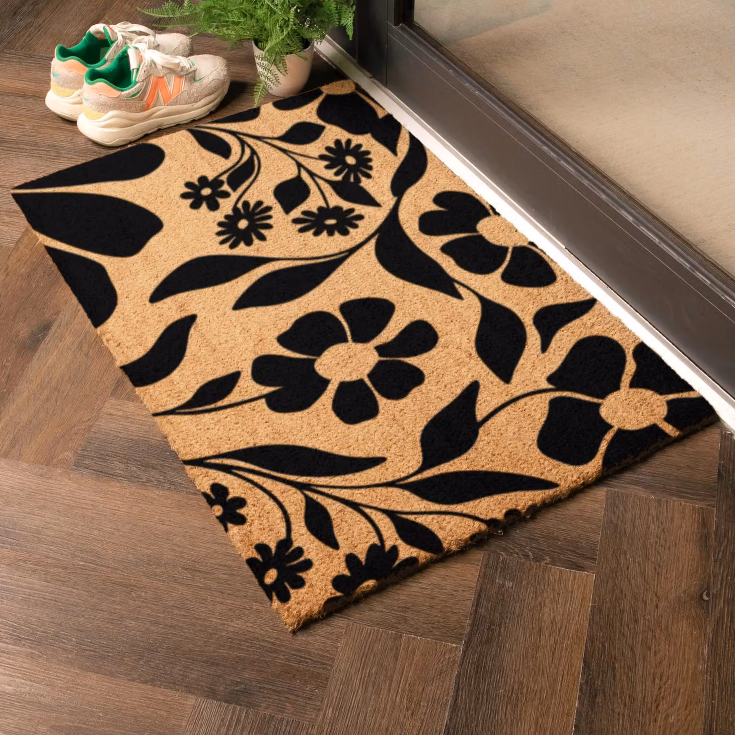 Artsy Mats Black Floral Pattern Coir Doormat, Brown, W: 90 cm, D: 60 cm – 2