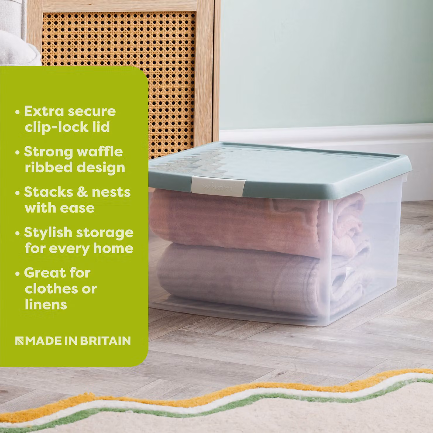 Wham Set of 3 Square Plastic Storage Boxes with Clip Lock Lids, 25.5L Each, Green and Transparent, W/D/H: 39.5 x 22.5 x 39.5 cm – 2