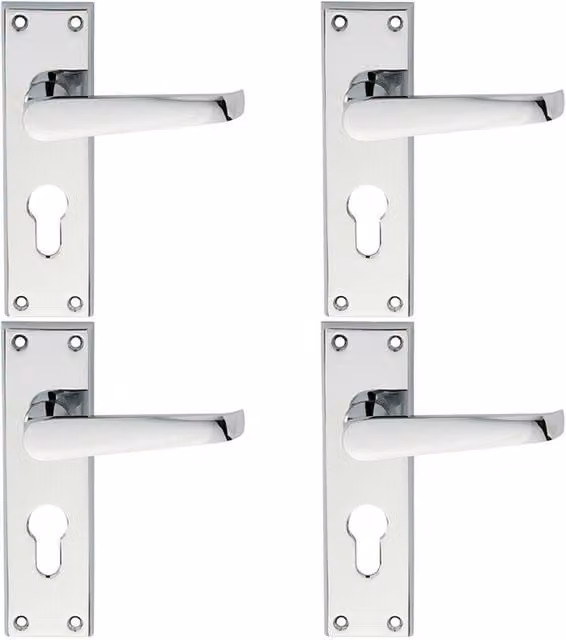 Loops 4 Pairs of Straight Victorian Lever Handles with Euro Lock Backplate, Chrome, W: 150 mm x H: 43 mm