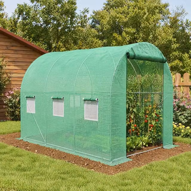 STILVORA Green Freestanding Greenhouse with Sprinkler System, W: 300 cm, D: 200 cm, H: 197 cm