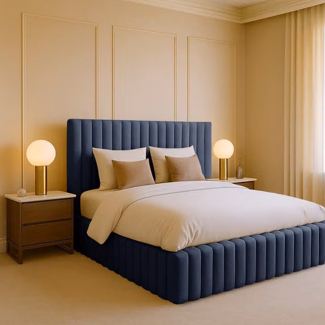 Desire Deco Plush Velvet Brantley Panel Bed Frame in Blue
