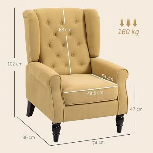 HOMCOM Retro Wingback Accent Chair in Yellow with Solid Wood Frame – 2