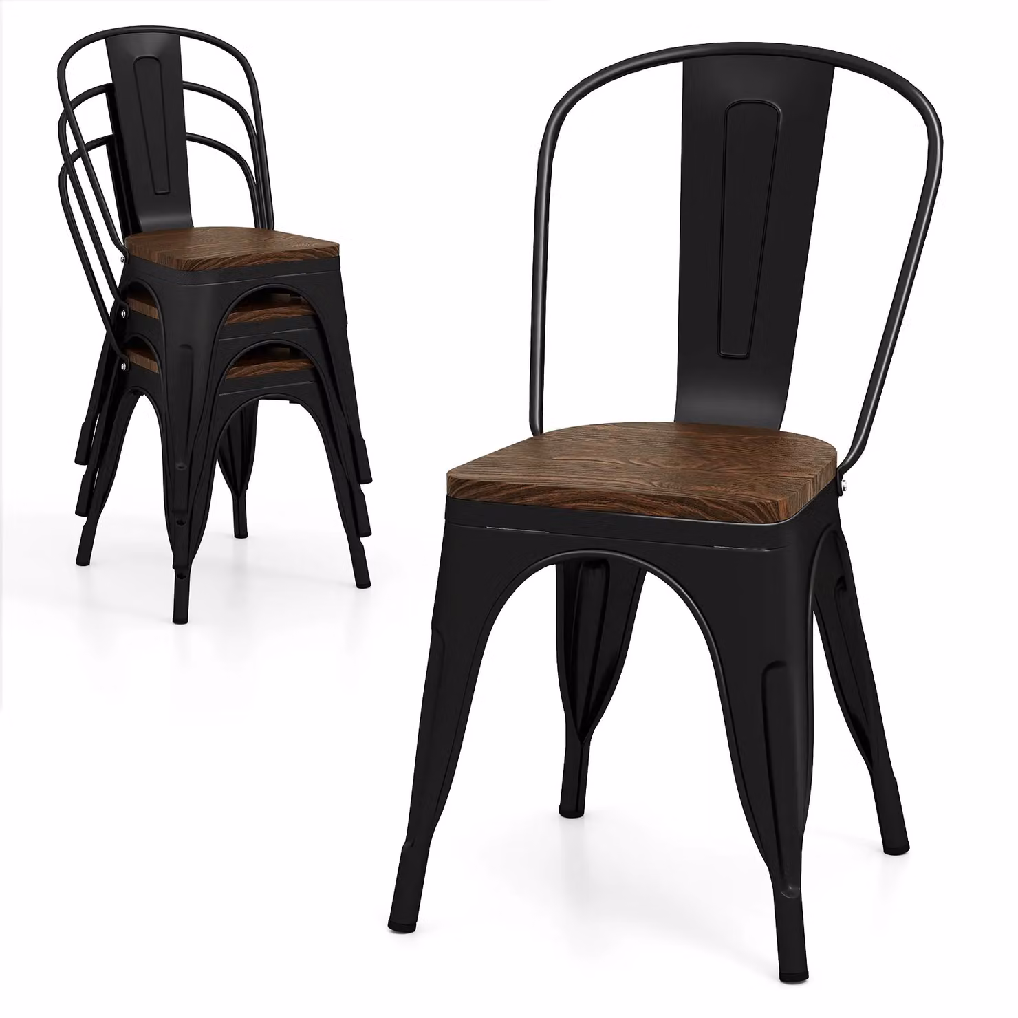 Gymax Set of 4 Stackable Metal and Wood Industrial Dining Chairs in Matt Black – 9