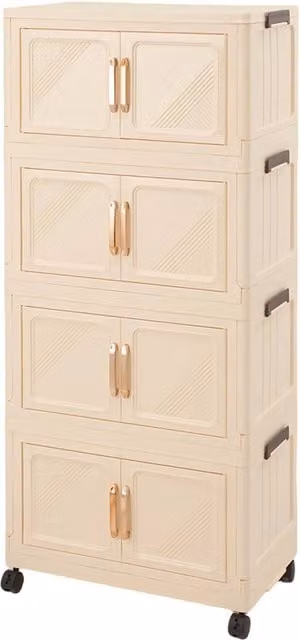 Living and Home Foldable 4-Tier Rolling Plastic Storage Cabinet with Magnetic Doors in Beige