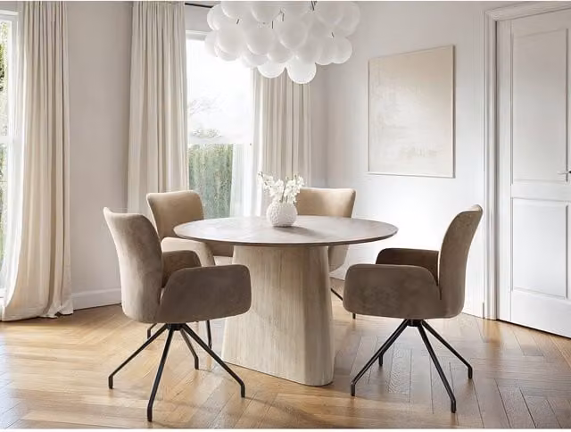 SOLACE+CO Elin Round Dining Table and Kora Chairs Set in Beige, Brown and Black