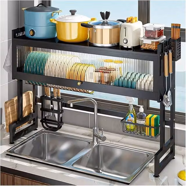 Havendro 2 Tier Over Sink Dish Drying Rack with Cover in Black