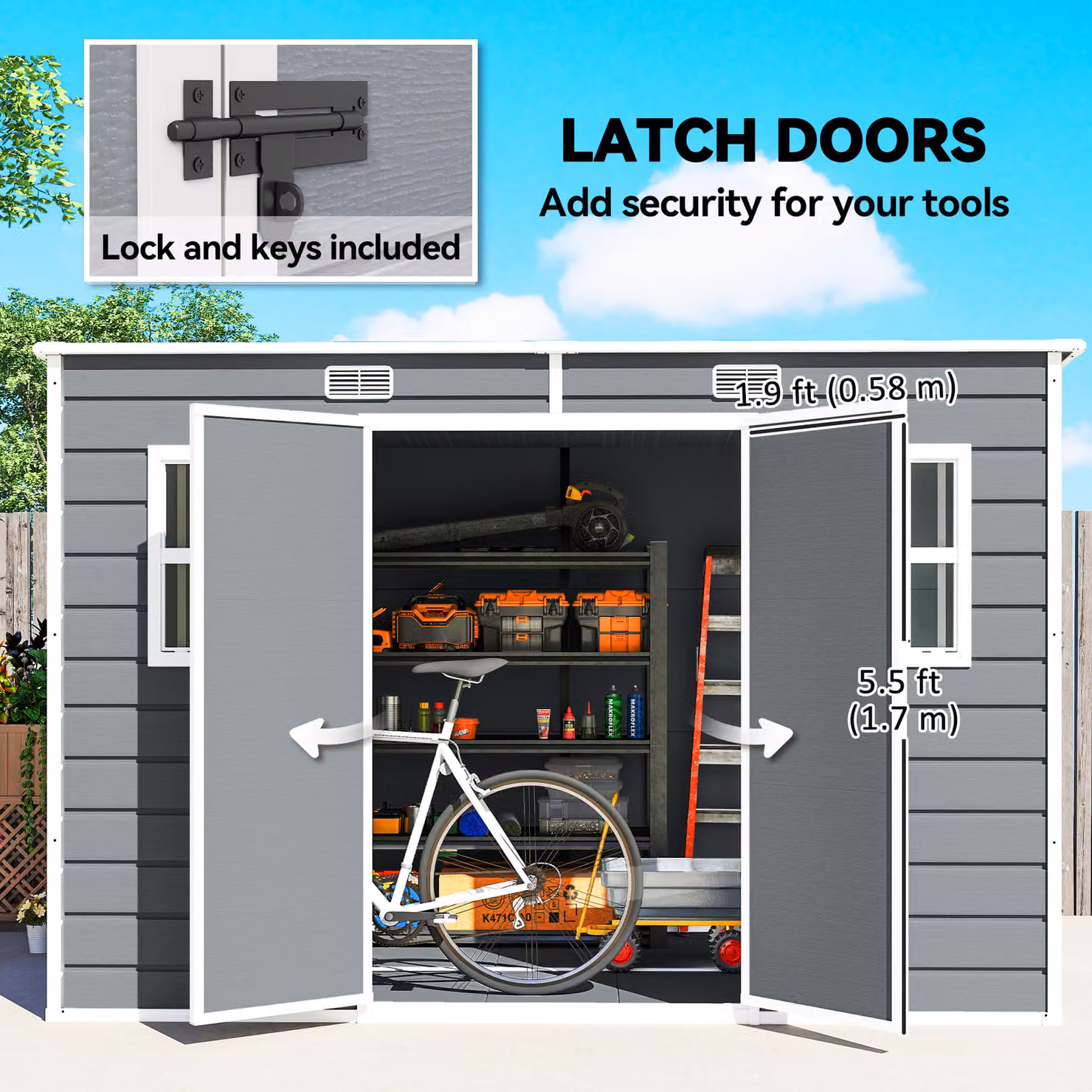Outsunny Grey Resin Garden Shed with Floor, Windows and Lockable Double Doors, W: 304.8 cm, D: 182.88 cm, H: 170 cm – 5