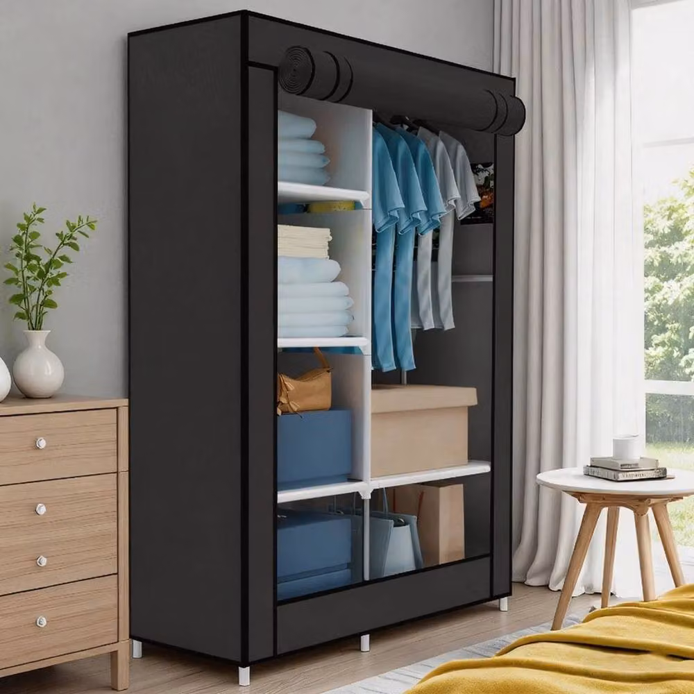 FLAVORA Black Metal Wardrobe with Hanging Rail and Internal Shelves – 2