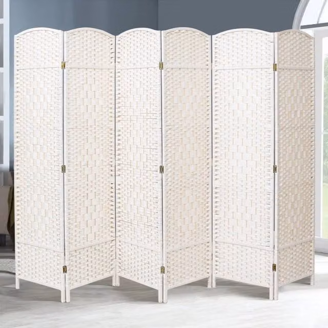 EONLION Hand Made 6 Panel Wicker Room Divider in Beige and White