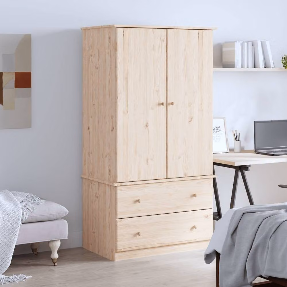 Berkfield Home ALTA Wardrobe in Light Tan Solid Pine with Hinged Doors and Internal Drawers, W/D/H: 90 x 55 x 170 cm – 2