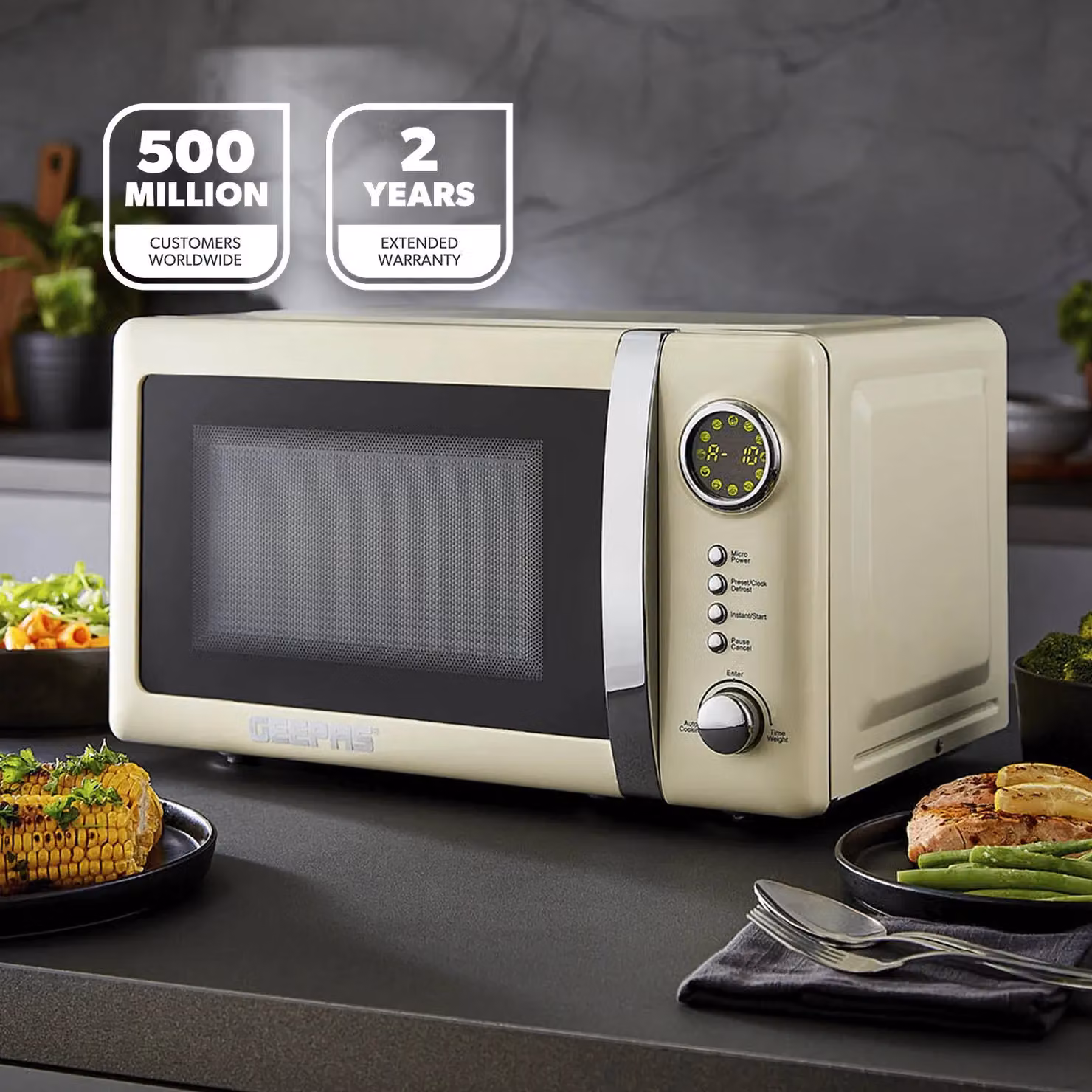 Geepas Retrovive 700W Digital Solo Microwave Oven with 12 Automatic Programs and Child Lock, 20L Capacity, Cream – 2