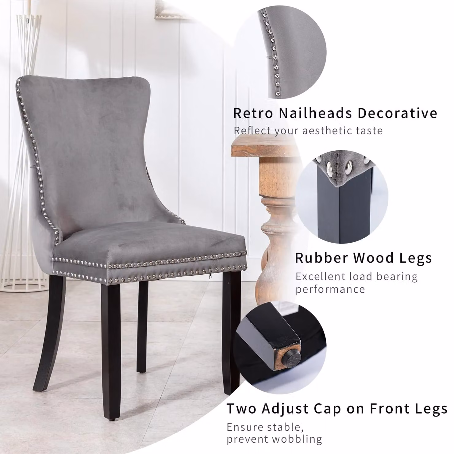 HomeTouch Sierra Set of 6 Grey Velvet Tufted Wing Back Dining Chairs with Oak Wood Legs – 7