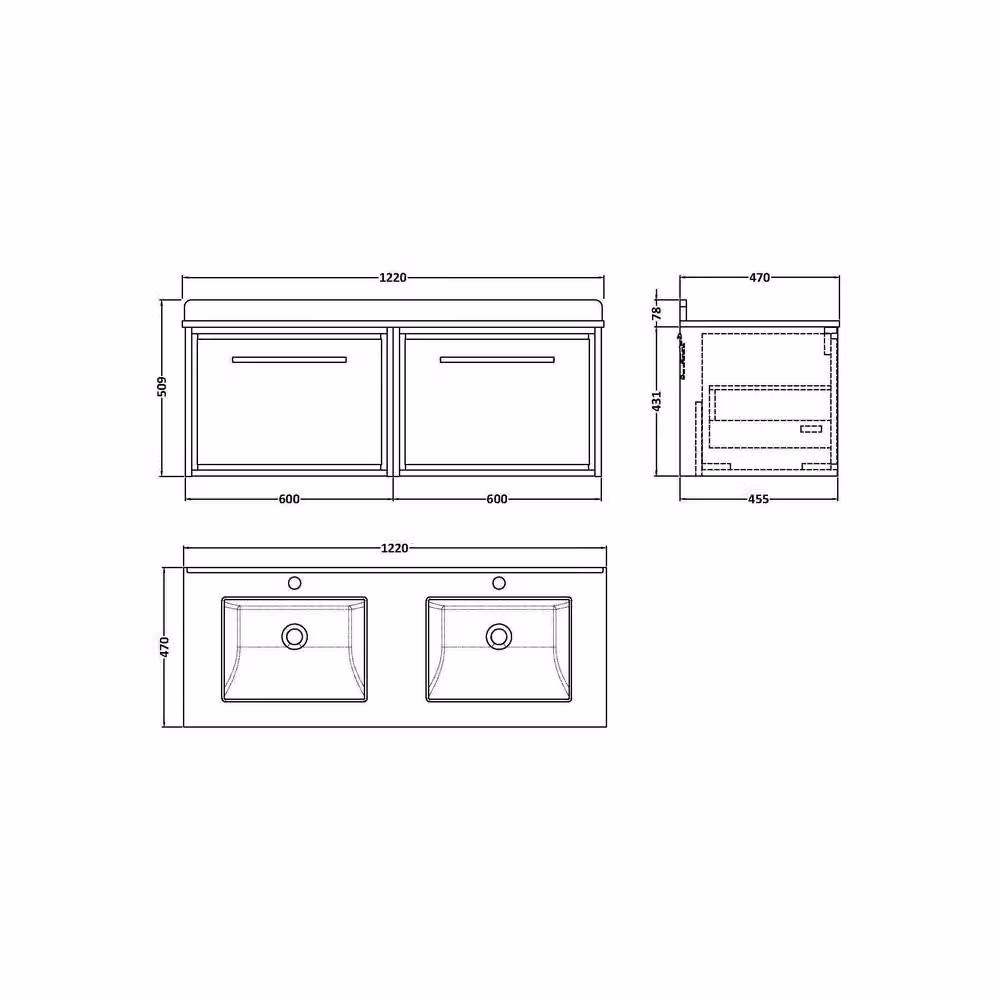 Balterley Longnor Wall Hung 2 Drawer Vanity Unit with Stone Basin, Graphite Grey, W/D/H: 120 x 47 x 50.9 cm – 1
