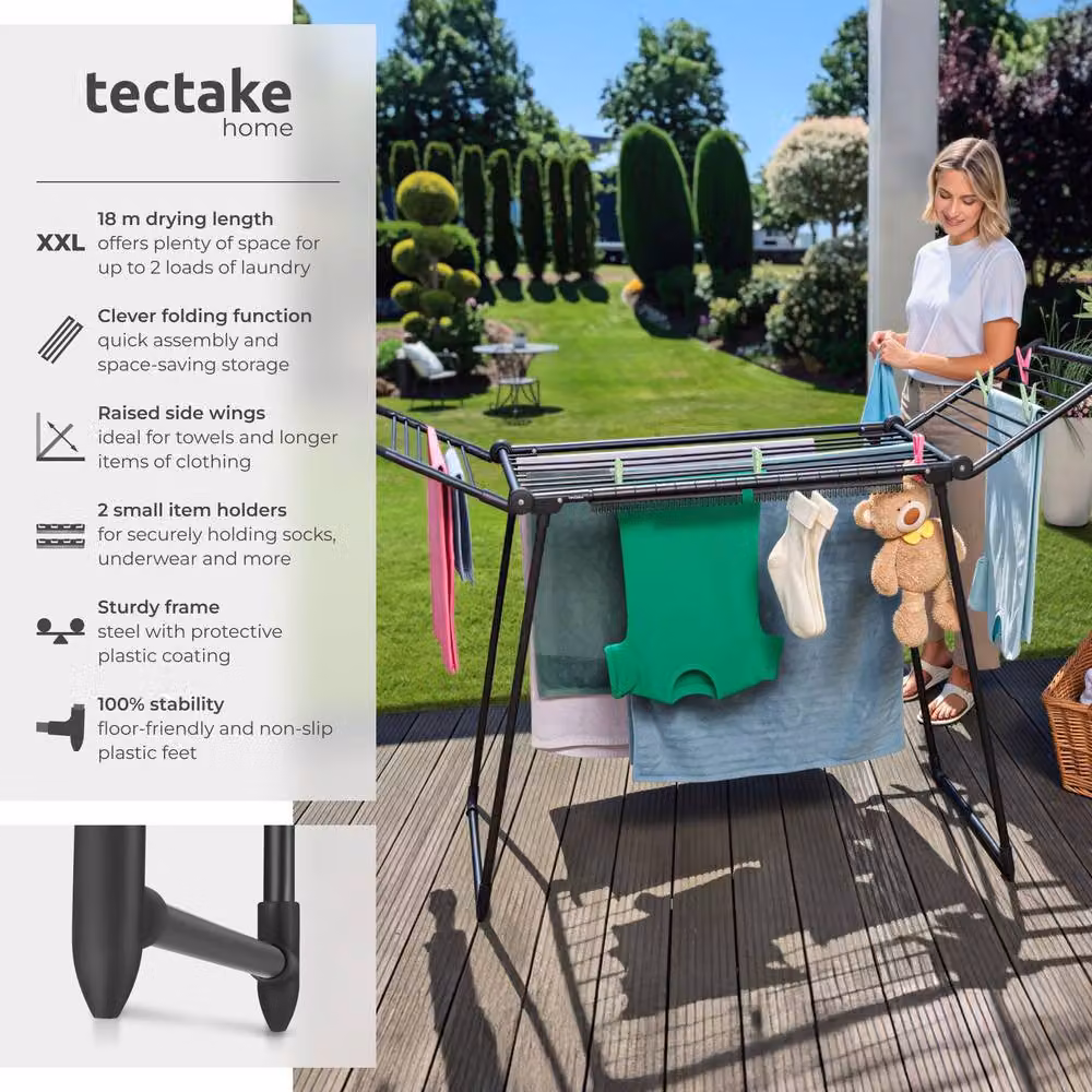 tectake Winged Clothes Airer with 25 Drying Rails and 2 Clip Holders in Black – 2