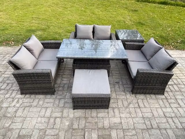 Fimous 7 Seater Rattan Wicker Garden Furniture Set with Height Adjustable Lifting Table and Footstool in Dark Grey