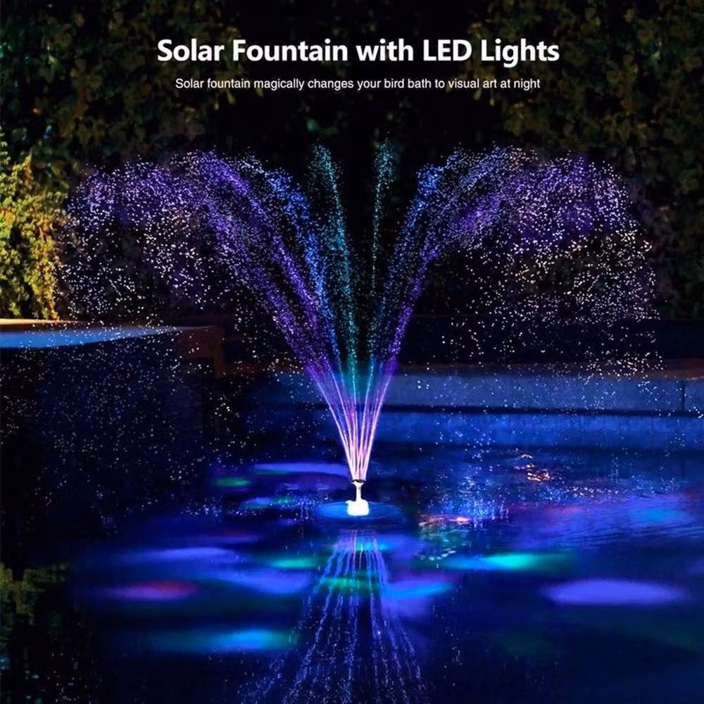 FLAVORA Solar Fountain Pump with 8 LED Lights in Black for Garden Pools, Ponds and Aquariums – 7