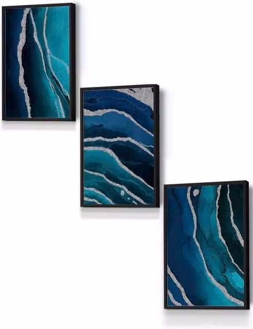 ARTZE Abstract Teal Blue and Silver Strokes Framed Wall Art in Black, W: 33 cm, H: 45 cm, D: 0.2 cm