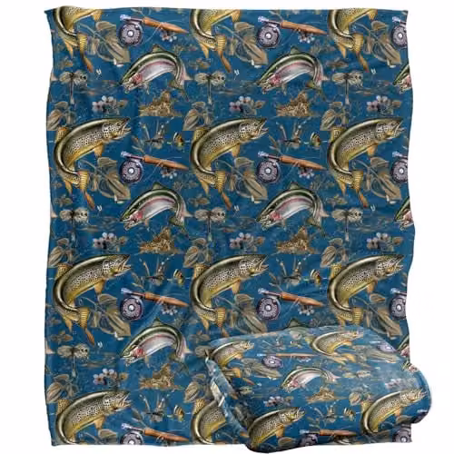 JQ Licensing Trout Tiki Fishing Pattern 2 Super Soft Silky Touch Throw Blanket, White, W/D/H: 152 x 127 cm – 1