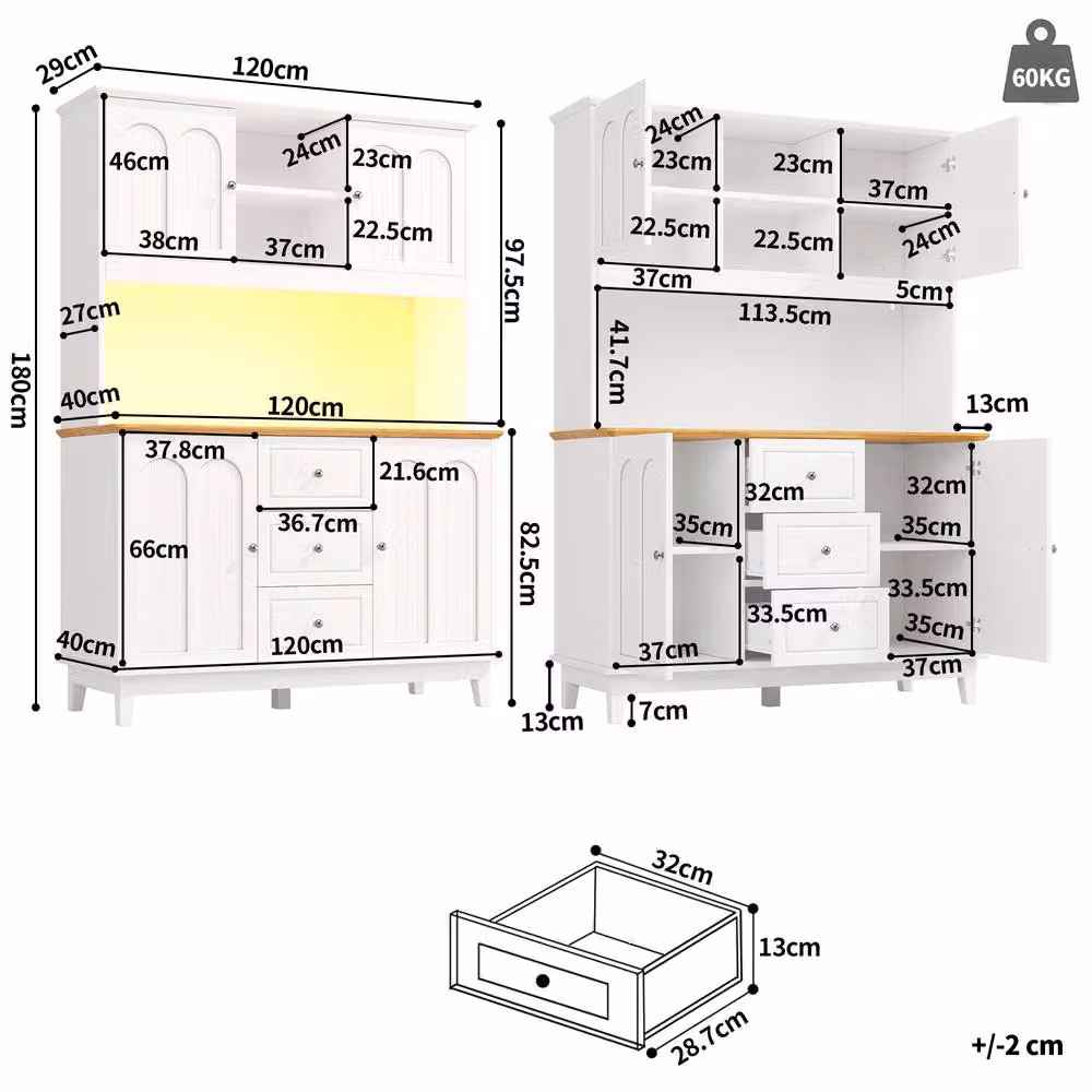 BTM White Pantry Cabinet with LED Lighting, Internal Drawers and Shelves, H 180 x W 120 x D 40 cm – 5