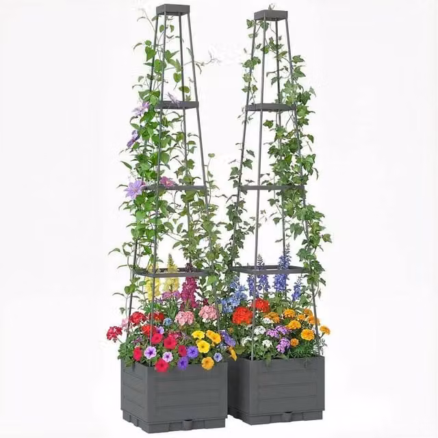 NESTLUNE 2 Pack Grey Raised Garden Beds with Trellis and Removable Drainage Trays