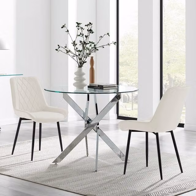 FurnitureboxUK Novara Round Glass Kitchen Dining Table and 2 Pesaro Black Leg Chairs, Cream, Diameter: 100 cm