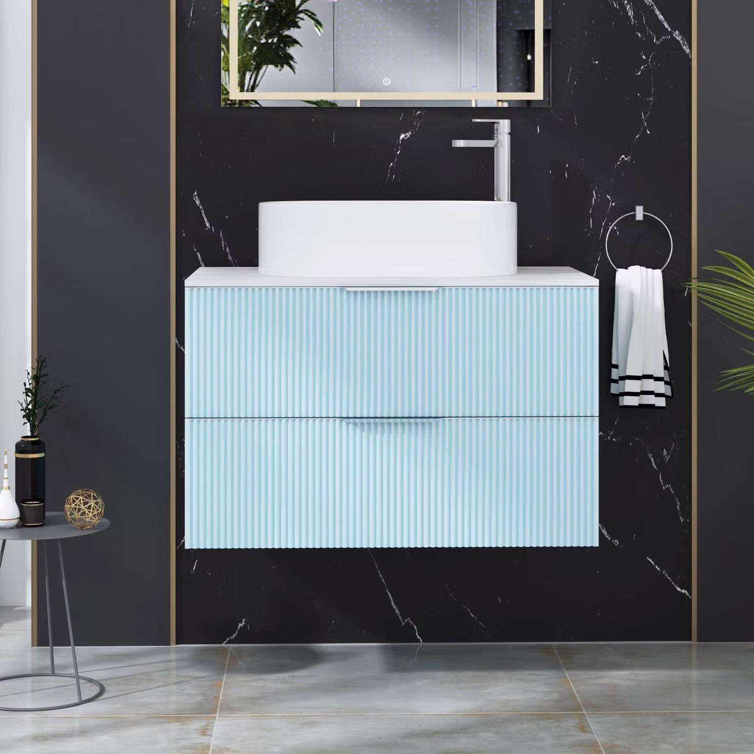 Royal Bathrooms Evora 800mm Powder Blue Fluted Wall Hung Vanity Unit with 2 Drawers and Peak Basin