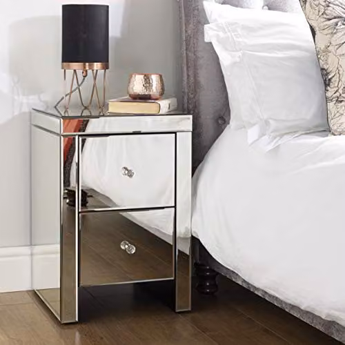 Birlea Seville Silver Mirrored 2 Drawer Bedside Table W: 40 cm, D: 40 cm, H: 60 cm