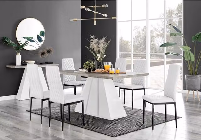 FurnitureboxUK Athens Grey Concrete Rectangular Dining Table and 6 Milan Black Faux Leather Chairs in White