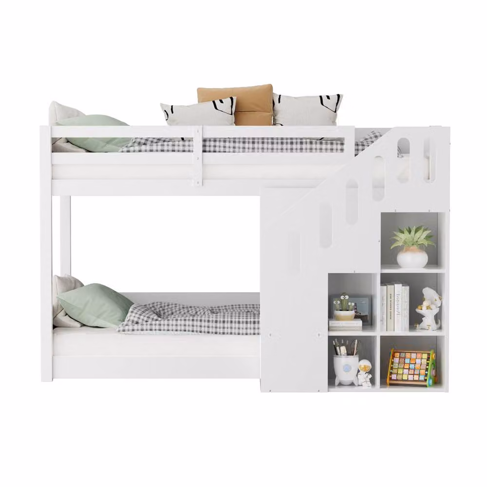 BTM White Kids Bunk Bed with Stairs and Side Storage Compartments, 2 Single Beds – 3