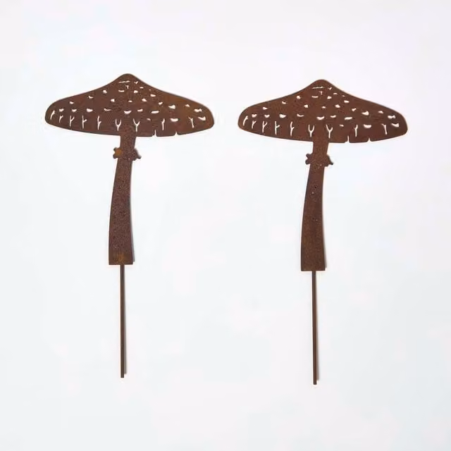 Homescapes Set of 2 Brown Steel Mushroom Garden Stake Decorations