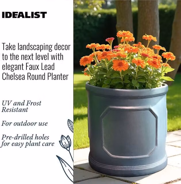 Idealist Chelsea Cylinder Planter Set of 2, Grey Ceramic and Stone Outdoor Round Flower Pots