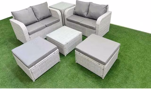 Fimous 6-Seater Light Grey PE Rattan Garden Sofa Set with Coffee Table and Footstools and Dark Grey Fabric Cushions