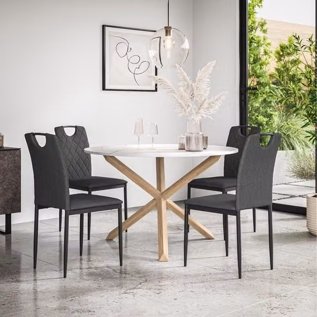 More4Homes Malvern Round Marble Effect Dining Table Set with Oak Legs, Charcoal and Grey, Diameter: 120 cm, Height: 75 cm, Includes 4 Chairs