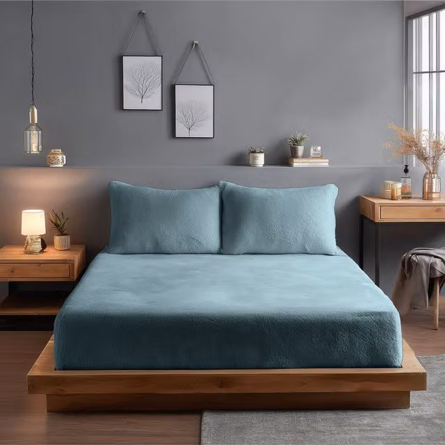 Home Sweet Home UK Snug City Teddy Fleece Fitted Sheet, Blue, Double, 140 x 200 cm, 30 cm Extra Deep