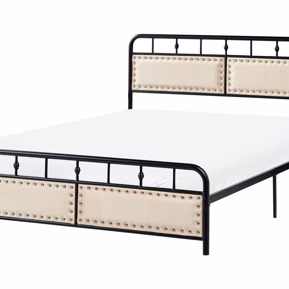 Wyld and Coco Industrial Black Metal Bed with Fabric Headboard, Double 4ft6 – 2