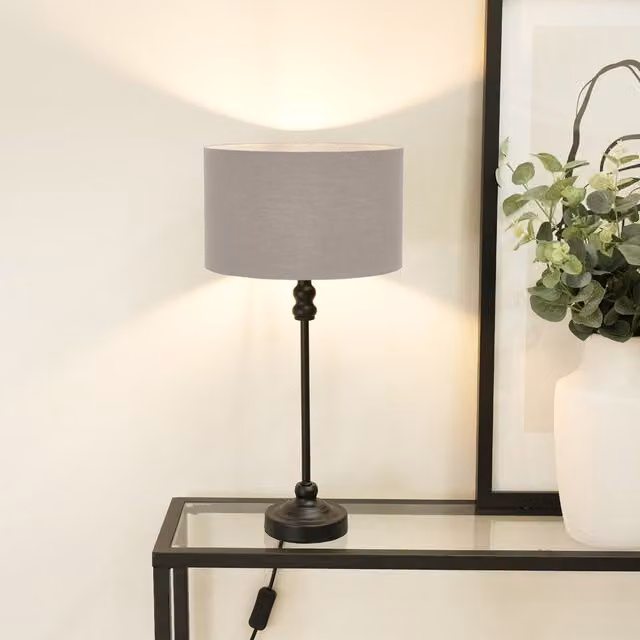 ValueLights Maggie Black Metal Candlestick Table Lamp with Grey Fabric Drum Shade and LED Bulb – 1