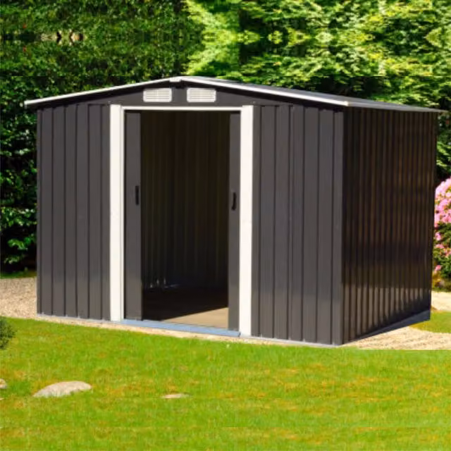 Easy Store Metal Garden Shed with Double Doors and Gable Roof in Grey