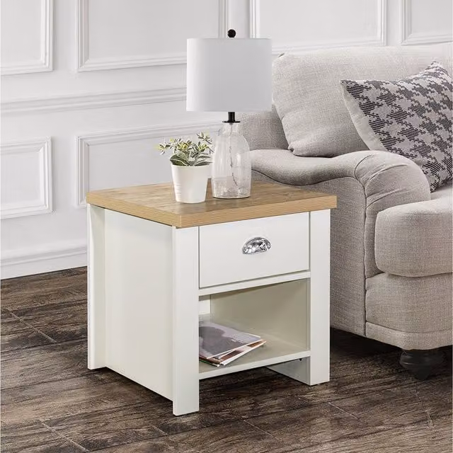 Birlea Highgate Modern 1 Drawer Lamp Table in Cream and Oak